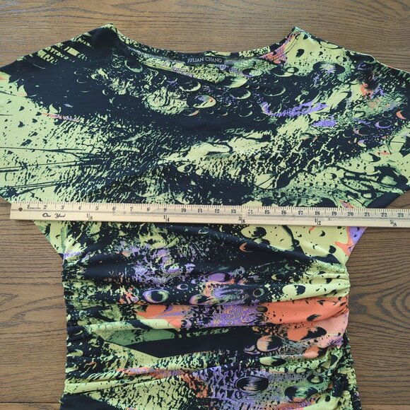 Julian Chang Abstract Art colorful Ruched Drawstring Mini Dress Dolman sleeves M - Picture 15 of 16